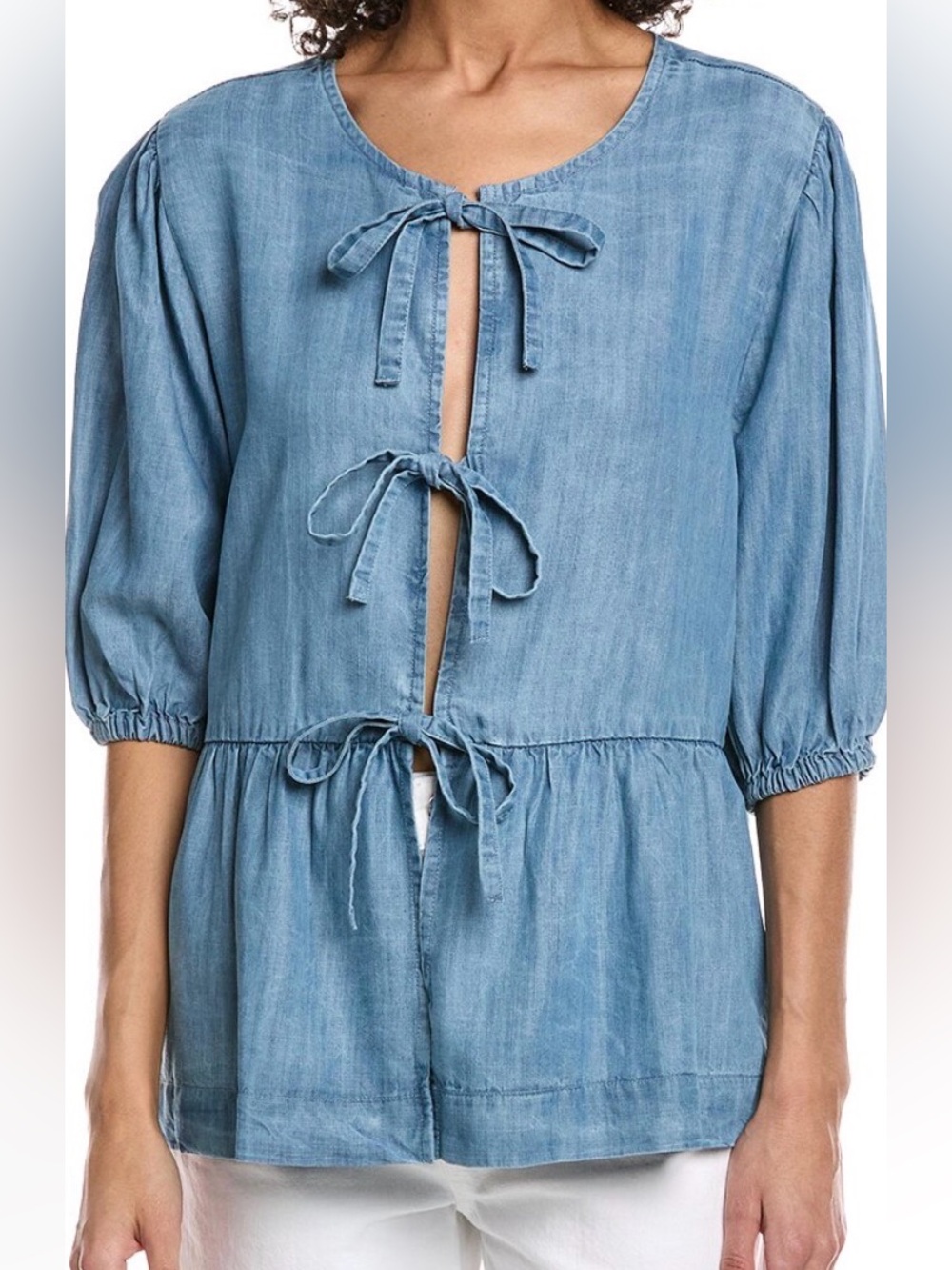 Elan NWT Light Blue Tie-Front Chambray Blouse Size Large